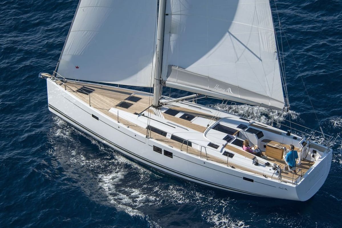 Exterior view of Amarone, a Hanse Yachts Hanse 505 sailboat at Seget Donji, Croatia