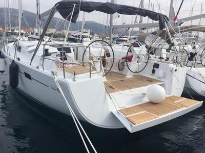 Deck of Amarone, a Hanse Yachts Hanse 505 sailboat at Seget Donji, Croatia