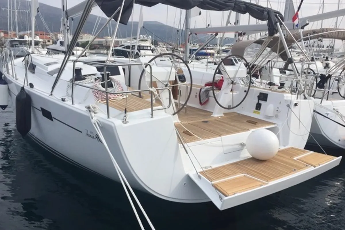 Deck of Amarone, a Hanse Yachts Hanse 505 sailboat at Seget Donji, Croatia
