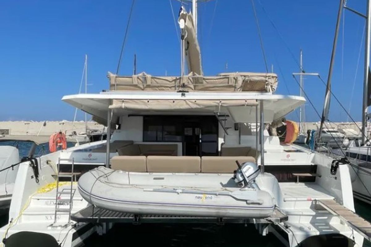 Exterior view of Alexandra III, a Fountaine Pajot Elba 45 catamaran at Municipal Unit of Rhodes, Greece