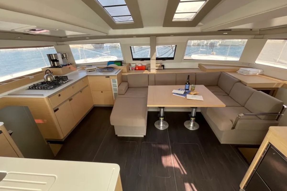 Salon of Alexandra III, a Fountaine Pajot Elba 45 catamaran at Municipal Unit of Rhodes, Greece