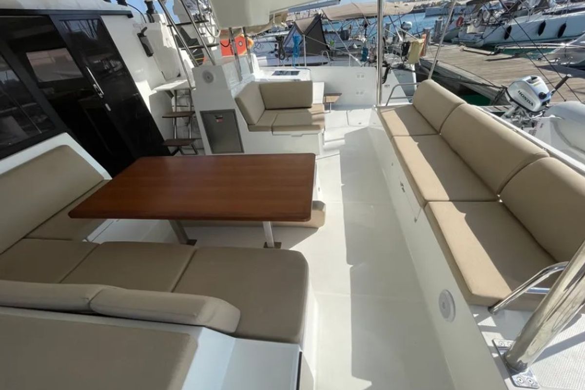 Deck of Alexandra III, a Fountaine Pajot Elba 45 catamaran at Municipal Unit of Rhodes, Greece