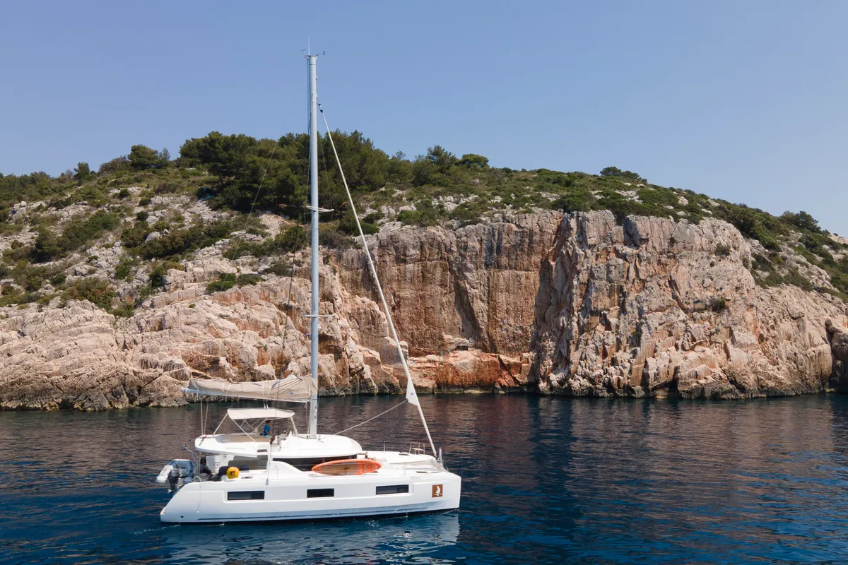 Exterior view of VOYAGE, a Lagoon 46 catamaran at Grad Trogir, Croatia