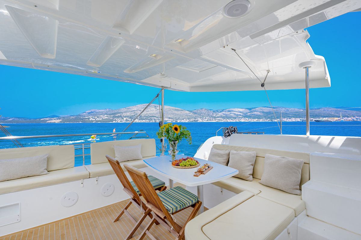 Deck of VOYAGE, a Lagoon 46 catamaran at Grad Trogir, Croatia