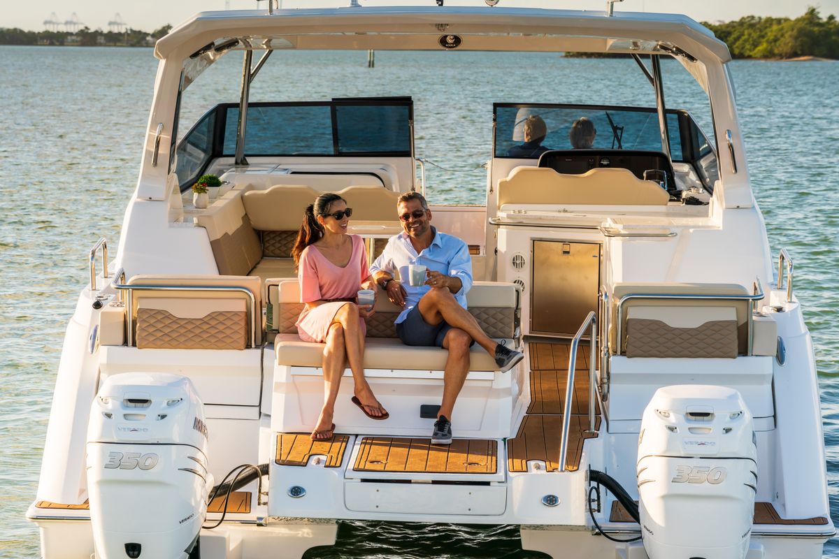 Deck of Joy, a Aquila Yachts Aquila 36 Sport motorboat at Cannigione, Italy