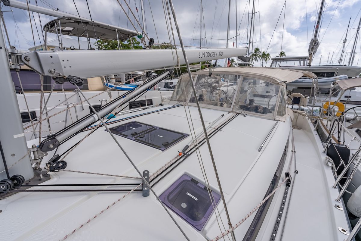 Deck of After Physics, a Jeanneau Sun Odyssey 490 sailboat at Road Town, British Virgin Islands