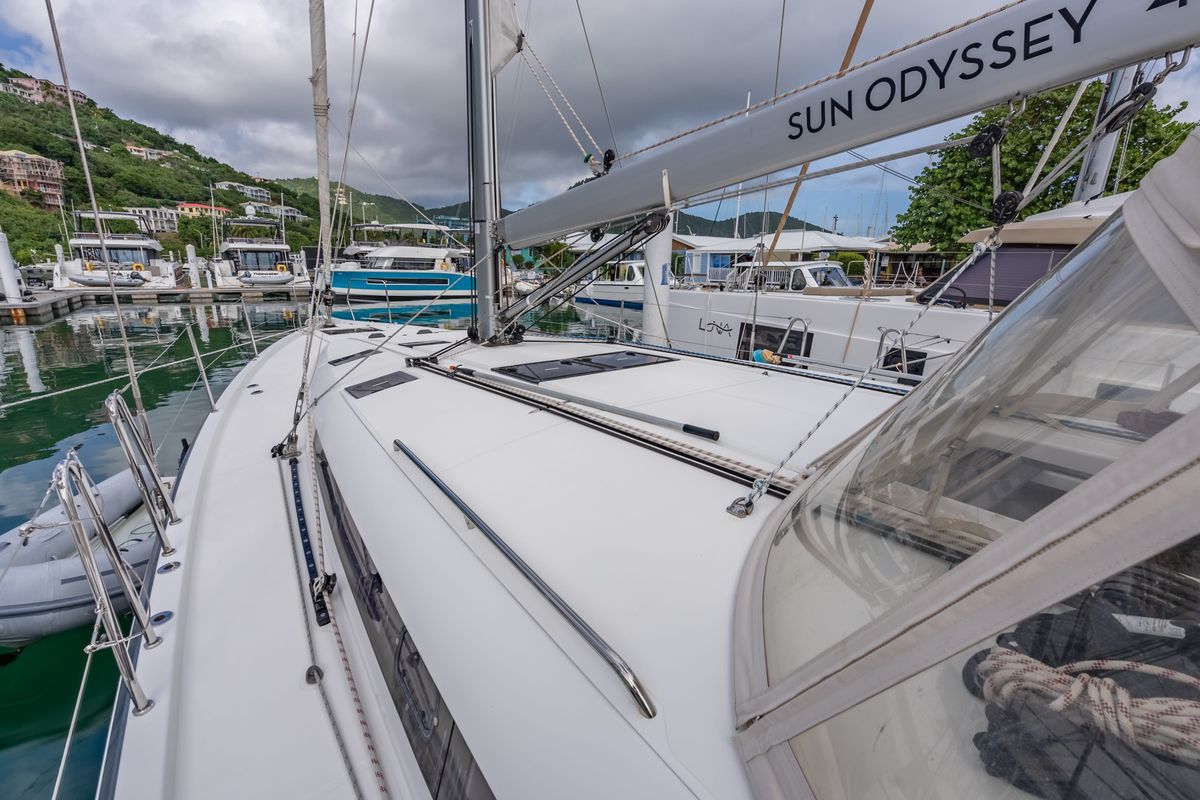 Deck of After Physics, a Jeanneau Sun Odyssey 490 sailboat at Road Town, British Virgin Islands