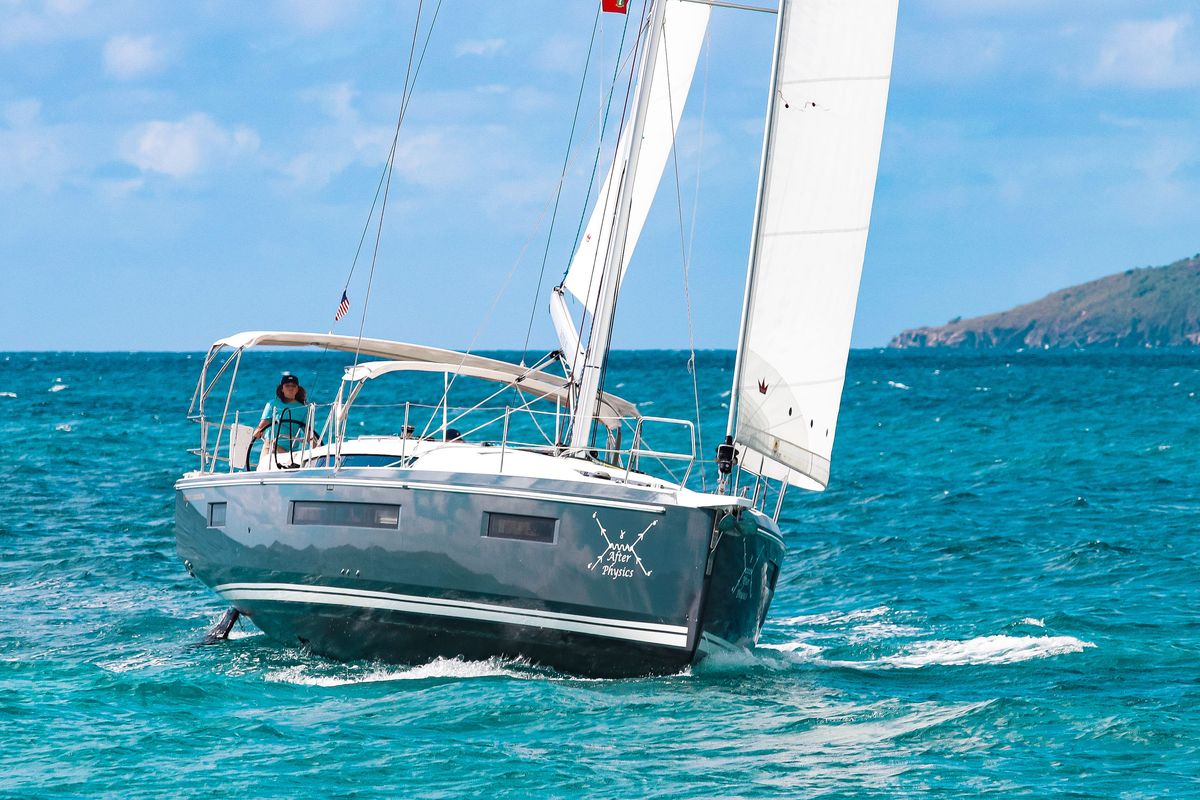 Exterior view of After Physics, a Jeanneau Sun Odyssey 490 sailboat at Road Town, British Virgin Islands