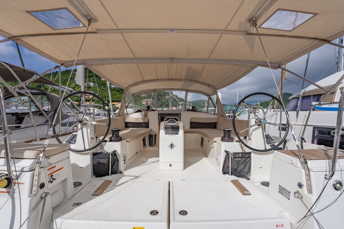Cockpit of After Physics, a Jeanneau Sun Odyssey 490 sailboat at Road Town, British Virgin Islands