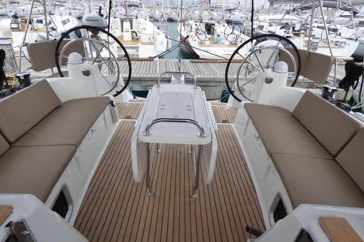 Cockpit of Geronimo, a Jeanneau Sun Odyssey 519 sailboat at Grad Kaštela, Croatia