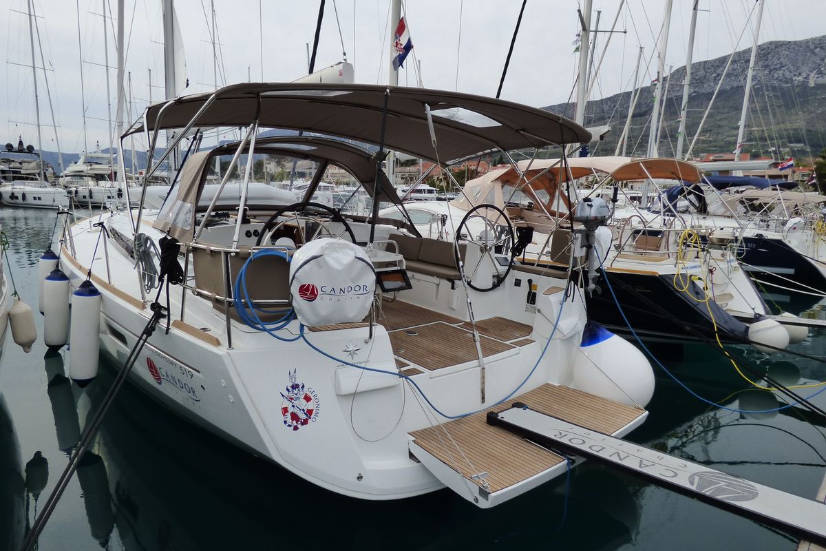 Exterior view of Geronimo, a Jeanneau Sun Odyssey 519 sailboat at Grad Kaštela, Croatia