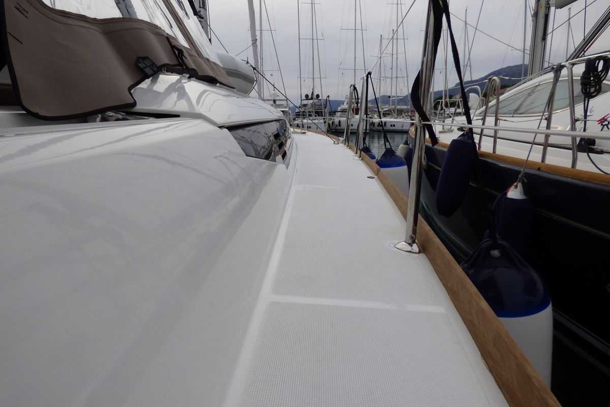 Deck of Geronimo, a Jeanneau Sun Odyssey 519 sailboat at Grad Kaštela, Croatia