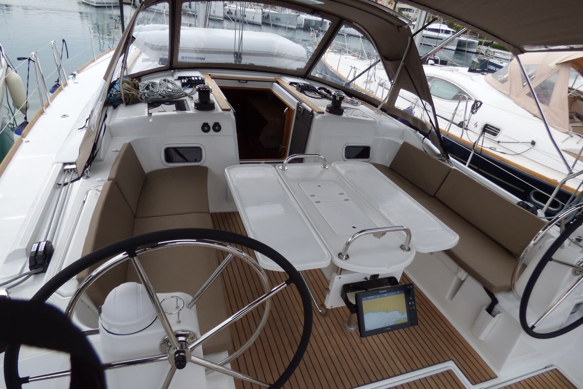 Cockpit of Geronimo, a Jeanneau Sun Odyssey 519 sailboat at Grad Kaštela, Croatia