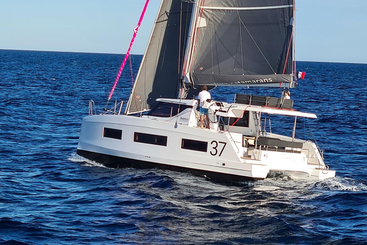 Exterior view of Wenny, a Aventura Catamarans Aventura 37 catamaran at Sant Antoni de Portmany, Spain