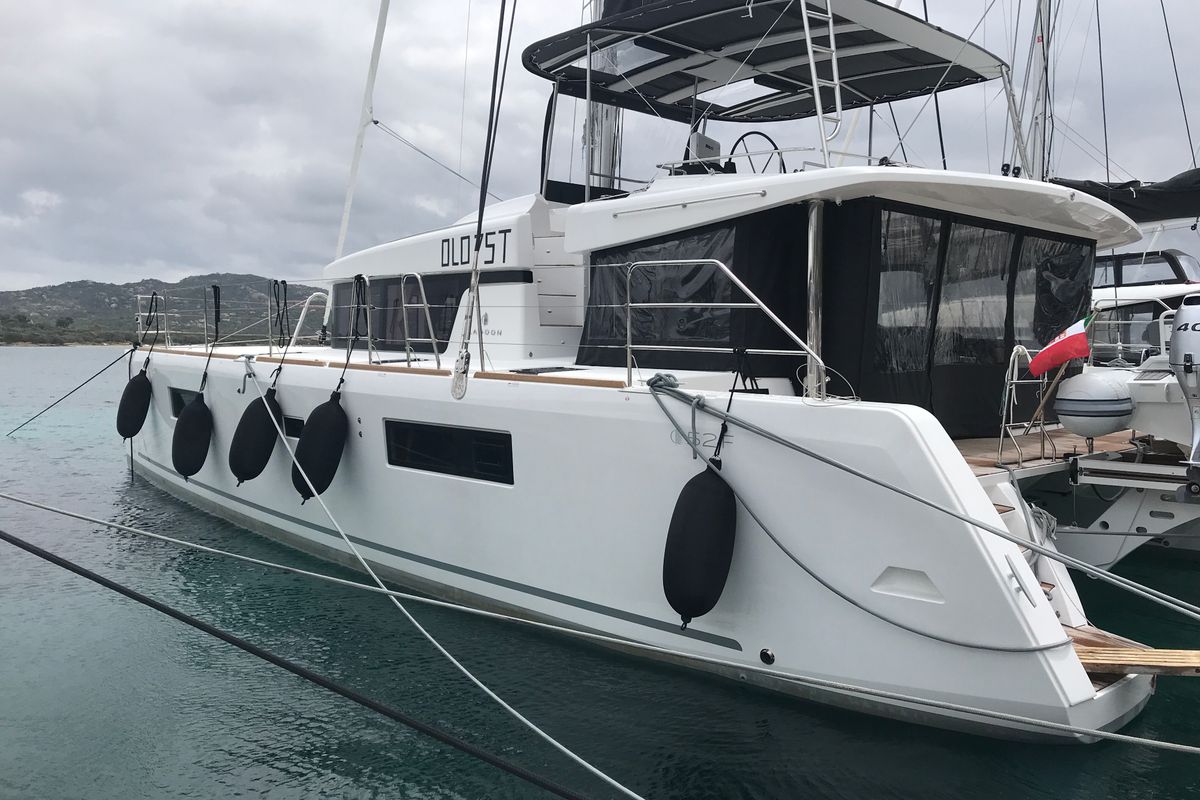 Exterior view of Dugongo II, a Lagoon 52 catamaran at Grand Anse, Grenada