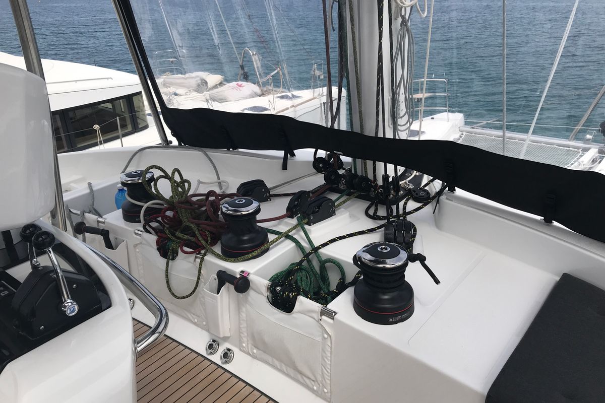Cockpit of Dugongo II, a Lagoon 52 catamaran at Grand Anse, Grenada