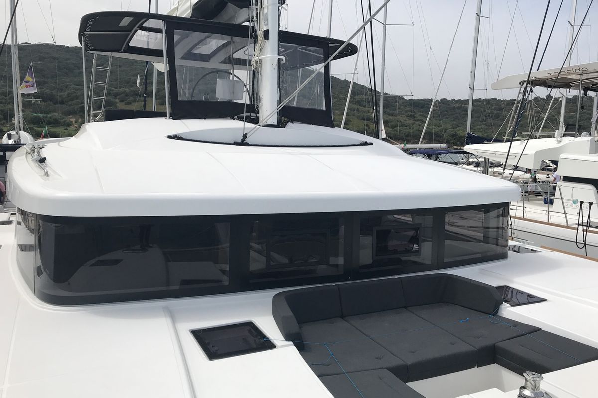 Deck of Dugongo II, a Lagoon 52 catamaran at Grand Anse, Grenada