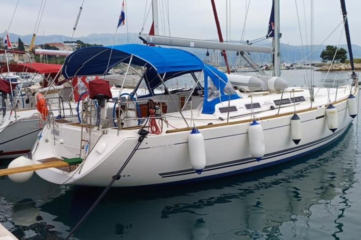 Exterior view of Hauraki, a Dufour 455 Grand Large sailboat at Split, Croatia