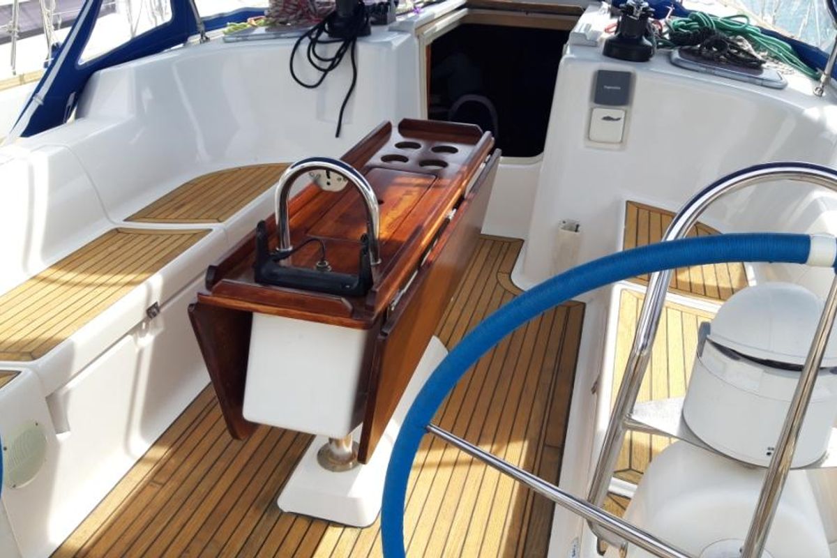 Cockpit of Hauraki, a Dufour 455 Grand Large sailboat at Split, Croatia