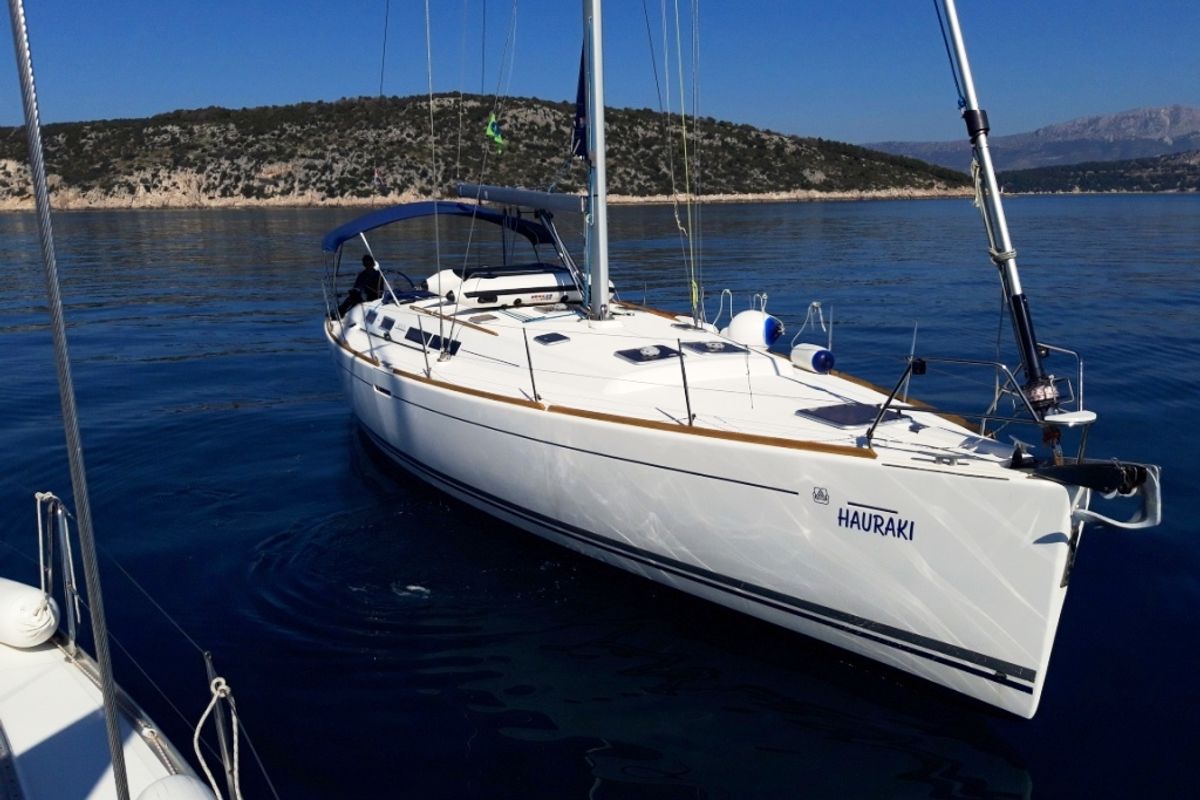 Exterior view of Hauraki, a Dufour 455 Grand Large sailboat at Split, Croatia