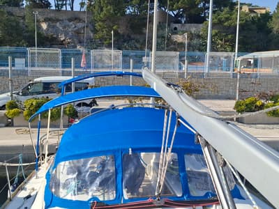 Deck of Hauraki, a Dufour 455 Grand Large sailboat at Split, Croatia