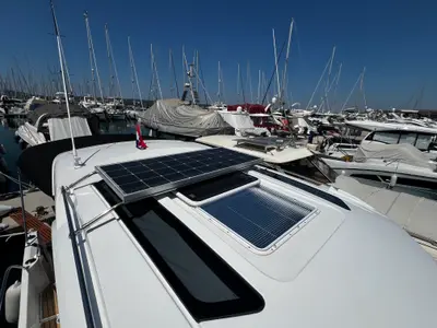 Deck of Ana, a Beneteau Antares 9 OB motorboat at Grad Biograd na Moru, Croatia