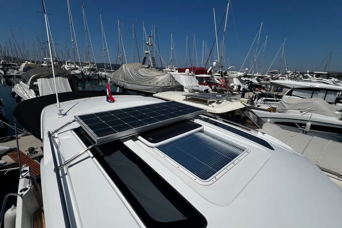 Deck of Ana, a Beneteau Antares 9 OB motorboat at Grad Biograd na Moru, Croatia