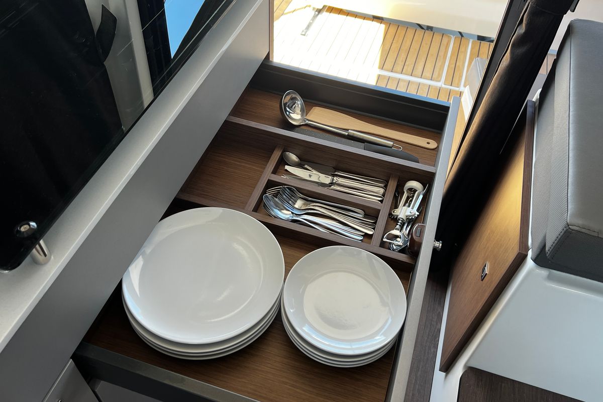 Galley of Ana, a Beneteau Antares 9 OB motorboat at Grad Biograd na Moru, Croatia