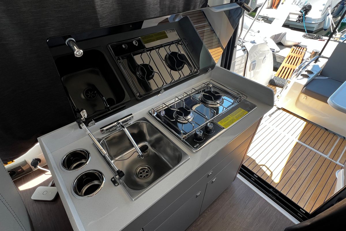 Galley of Ana, a Beneteau Antares 9 OB motorboat at Grad Biograd na Moru, Croatia