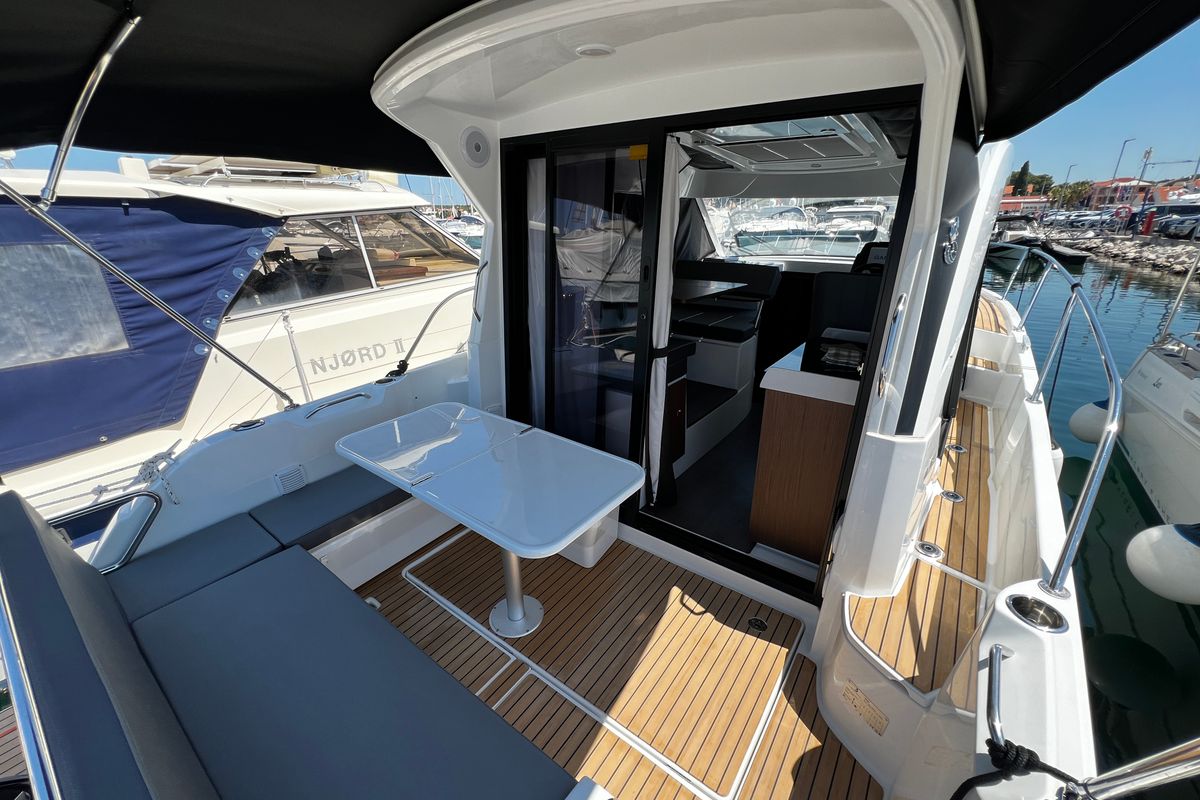 Deck of Ana, a Beneteau Antares 9 OB motorboat at Grad Biograd na Moru, Croatia