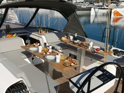 Deck of On y va, a Beneteau First 53 sailboat at Lavreotiki Municipal Unit, Greece