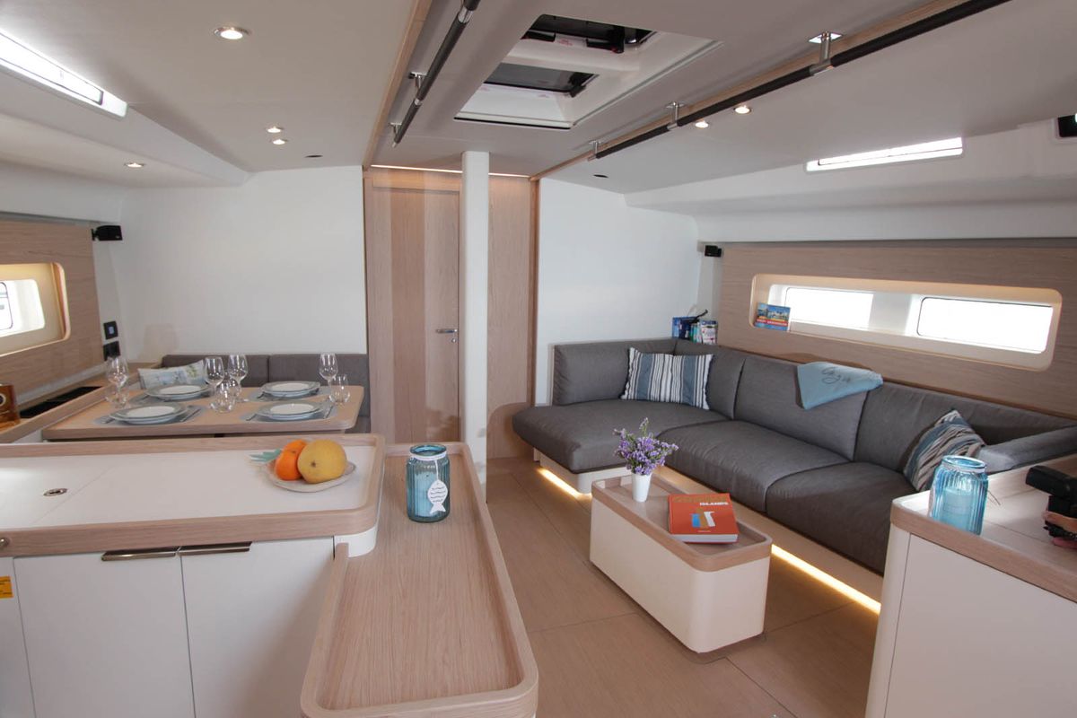 Salon of On y va, a Beneteau First 53 sailboat at Lavreotiki Municipal Unit, Greece