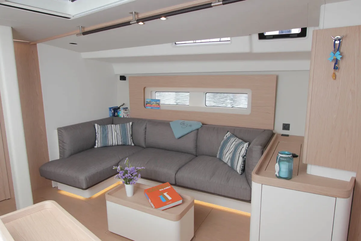 Salon of On y va, a Beneteau First 53 sailboat at Lavreotiki Municipal Unit, Greece
