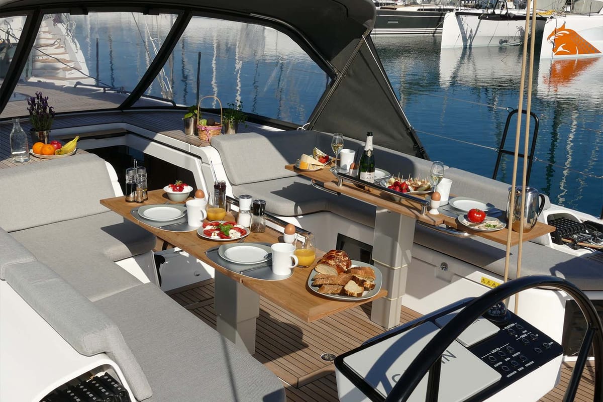 Deck of On y va, a Beneteau First 53 sailboat at Lavreotiki Municipal Unit, Greece
