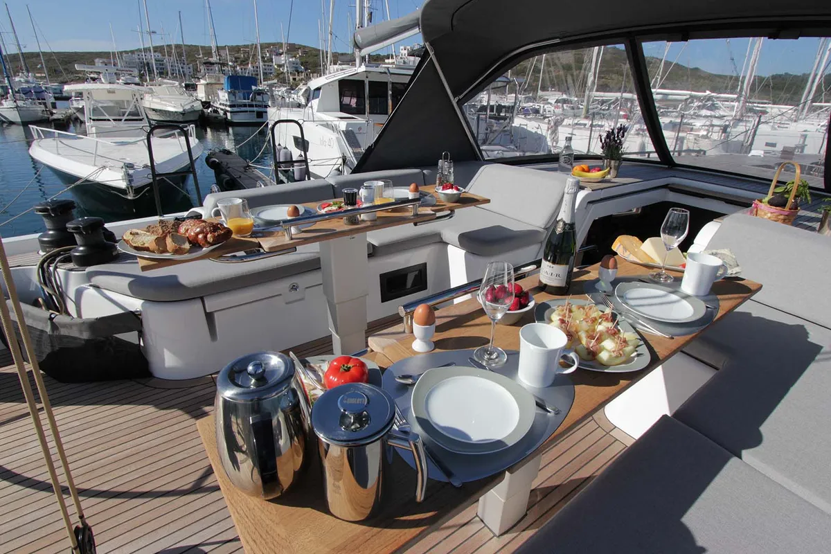 Deck of On y va, a Beneteau First 53 sailboat at Lavreotiki Municipal Unit, Greece