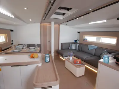 Salon of On y va, a Beneteau First 53 sailboat at Lavreotiki Municipal Unit, Greece