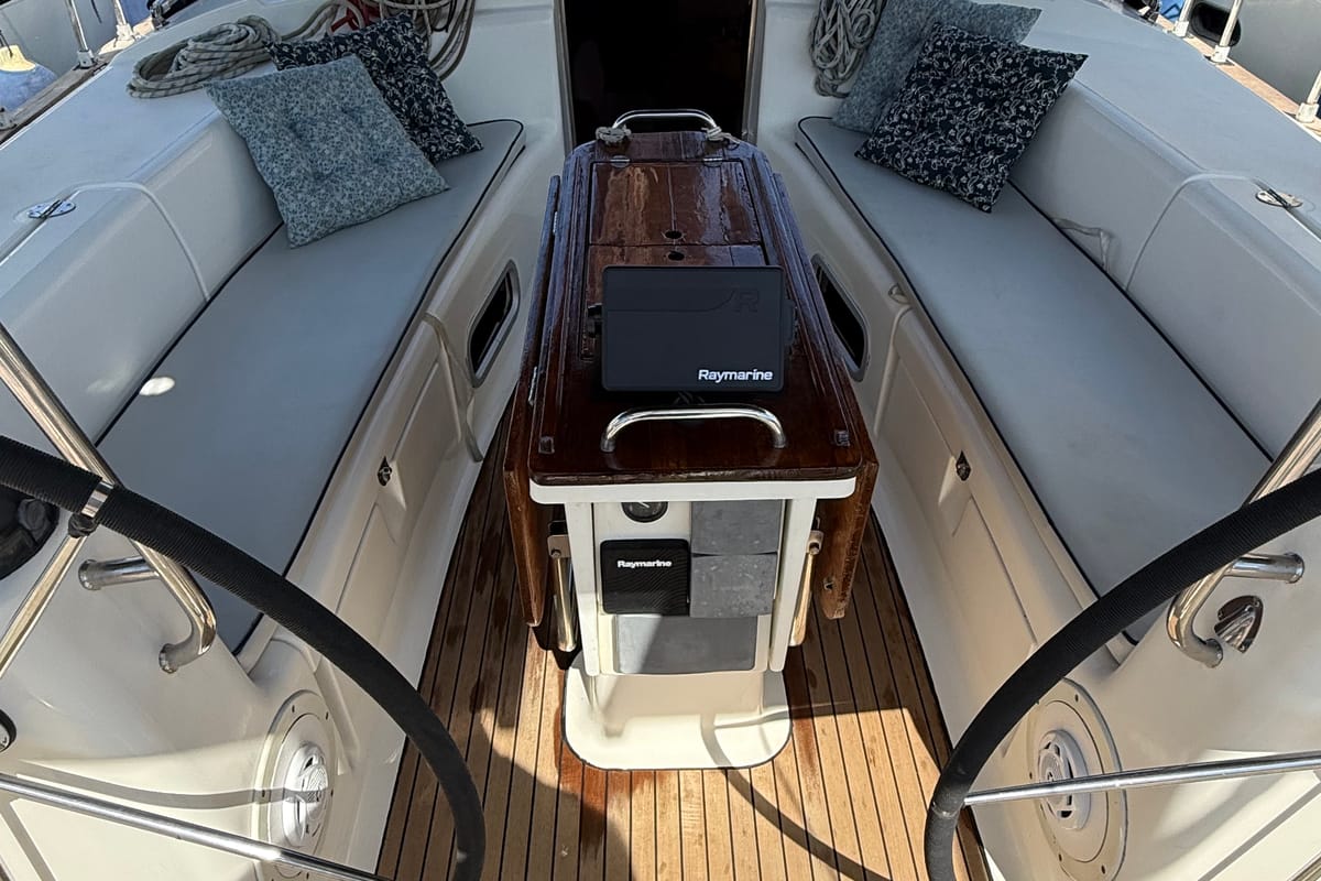 Cockpit of Skarape, a Bavaria 44 sailboat at Preveza, Greece