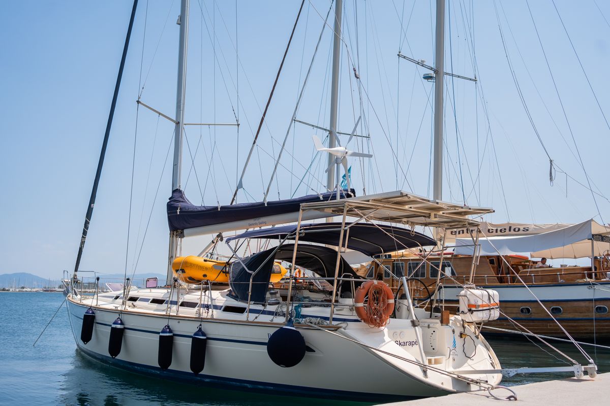 Exterior view of Skarape, a Bavaria 44 sailboat at Preveza, Greece
