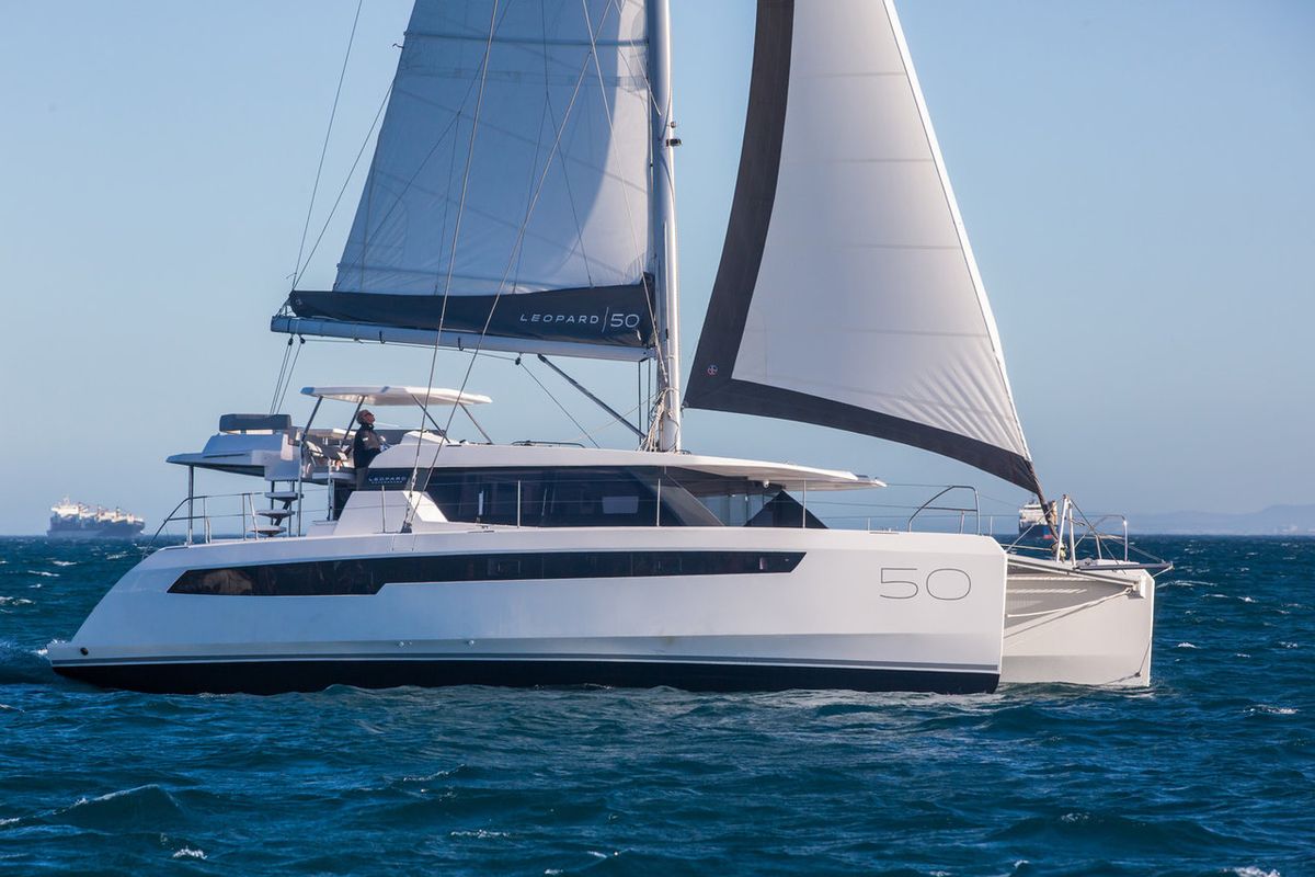 Exterior view of Maria del Mar, a Leopard 50 catamaran at Procida, Italy