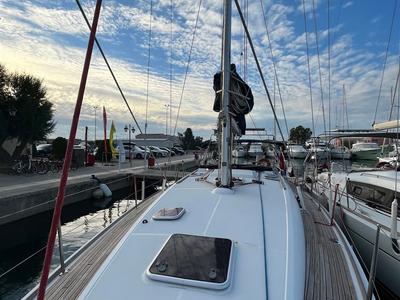 Deck of Waterproof, a Jeanneau Sun Odyssey 42 i sailboat at Lavreotiki Municipal Unit, Greece