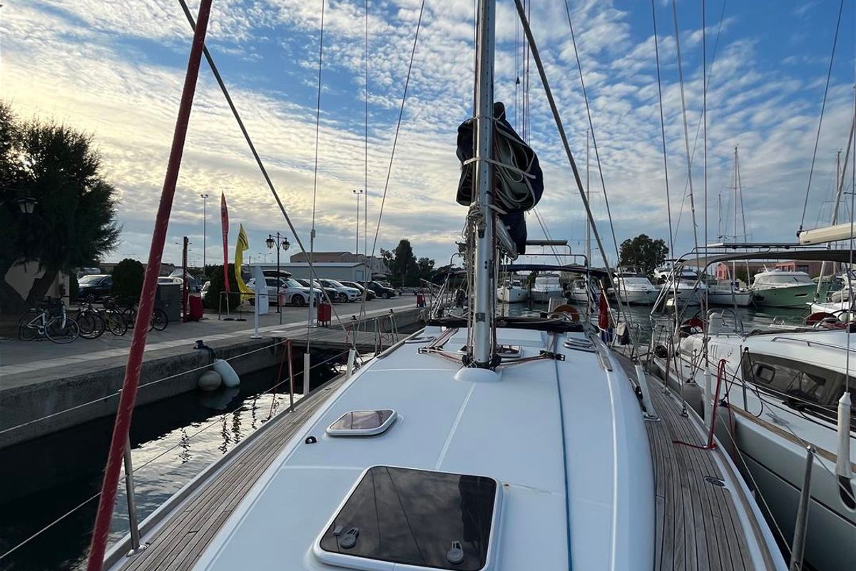 Deck of Waterproof, a Jeanneau Sun Odyssey 42 i sailboat at Lavreotiki Municipal Unit, Greece