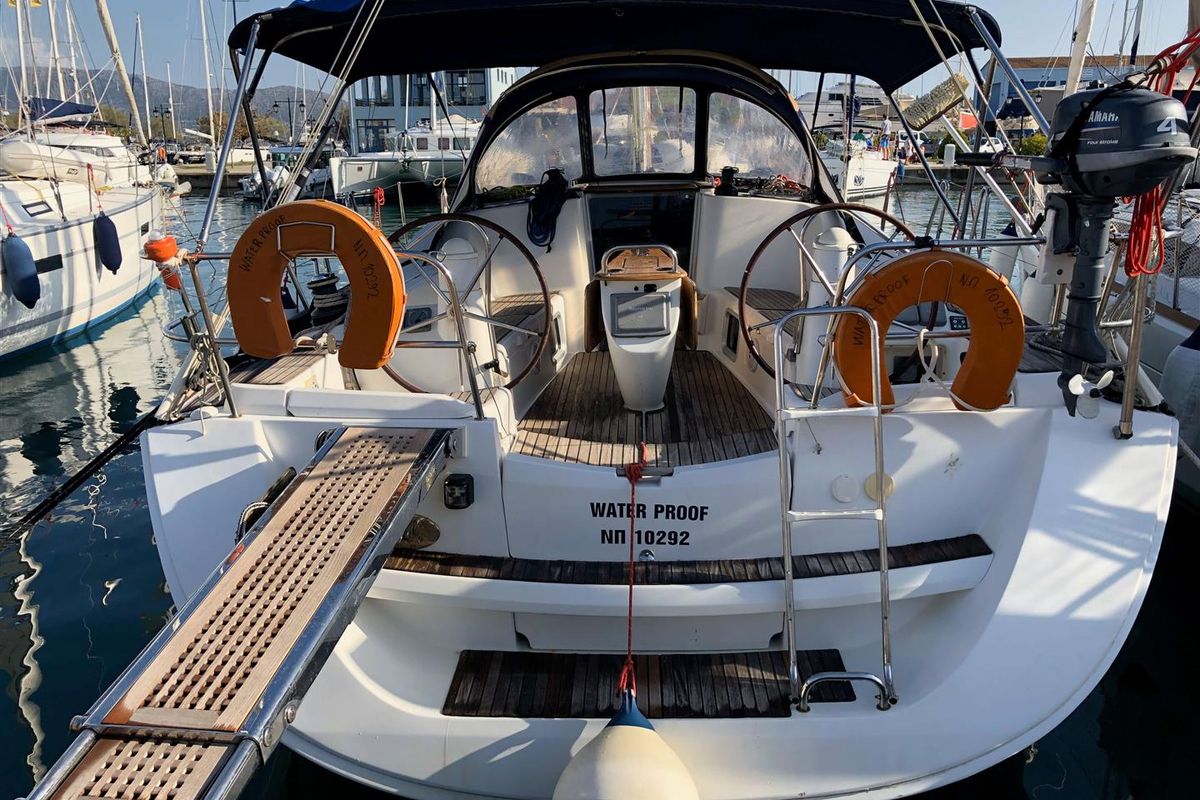 Cockpit of Waterproof, a Jeanneau Sun Odyssey 42 i sailboat at Lavreotiki Municipal Unit, Greece