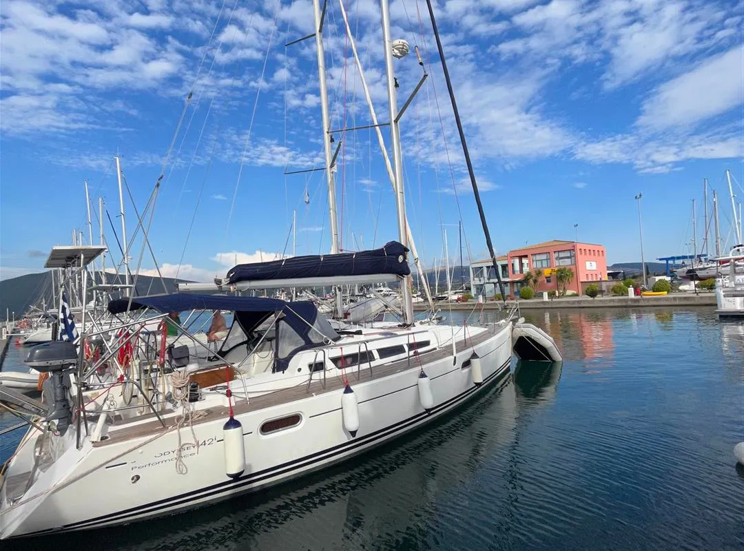 Exterior view of Waterproof, a Jeanneau Sun Odyssey 42 i sailboat at Lavreotiki Municipal Unit, Greece