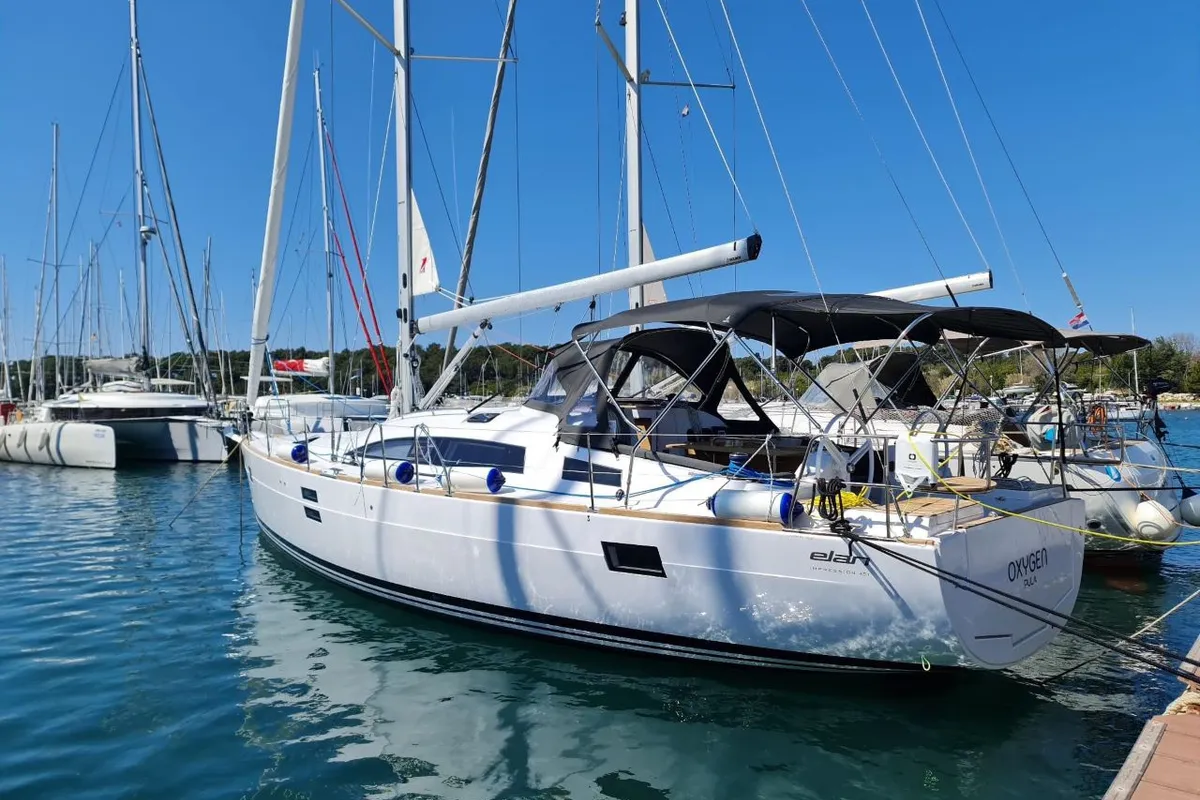 Exterior view of Oxygen, a Elan Impression 45.1 sailboat at Grad Trogir, Croatia