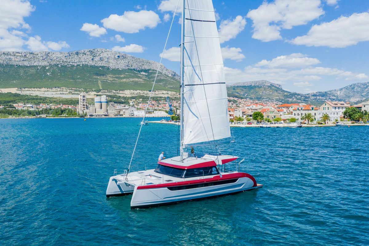 Exterior view of Katamaran, a Luna 49 catamaran at Split, Croatia