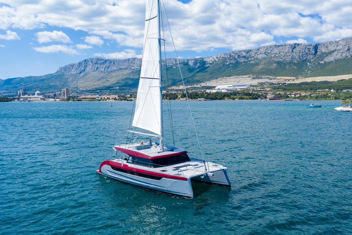 Exterior view of Katamaran, a Luna 49 catamaran at Split, Croatia