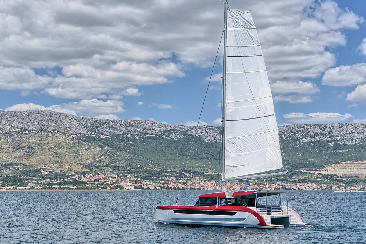 Exterior view of Katamaran, a Luna 49 catamaran at Split, Croatia