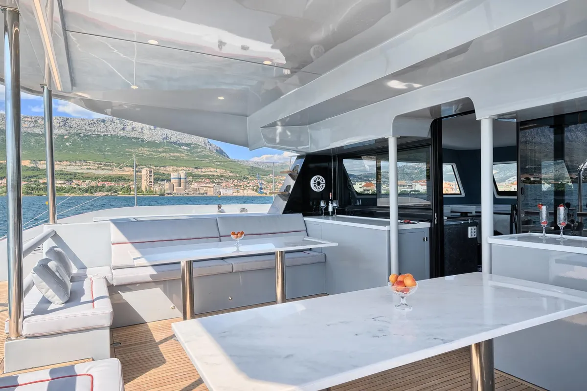 Deck of Katamaran, a Luna 49 catamaran at Split, Croatia