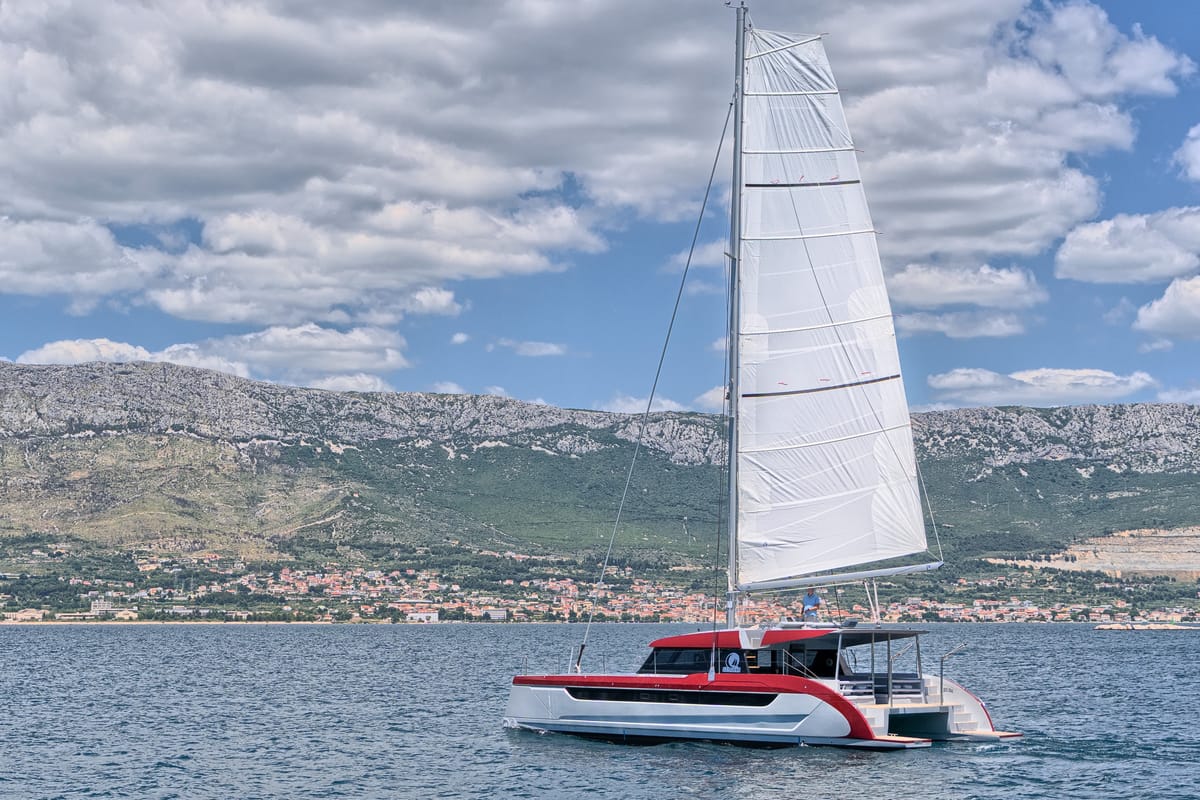 Exterior view of Katamaran, a Luna 49 catamaran at Split, Croatia