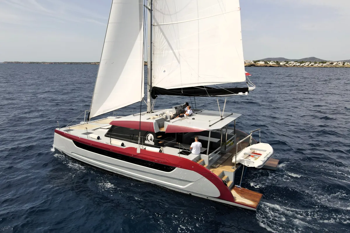 Exterior view of Katamaran, a Luna 49 catamaran at Split, Croatia